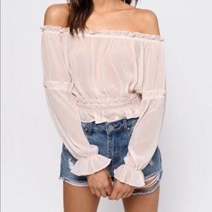 “See you soon” Pink off the shoulder blouse